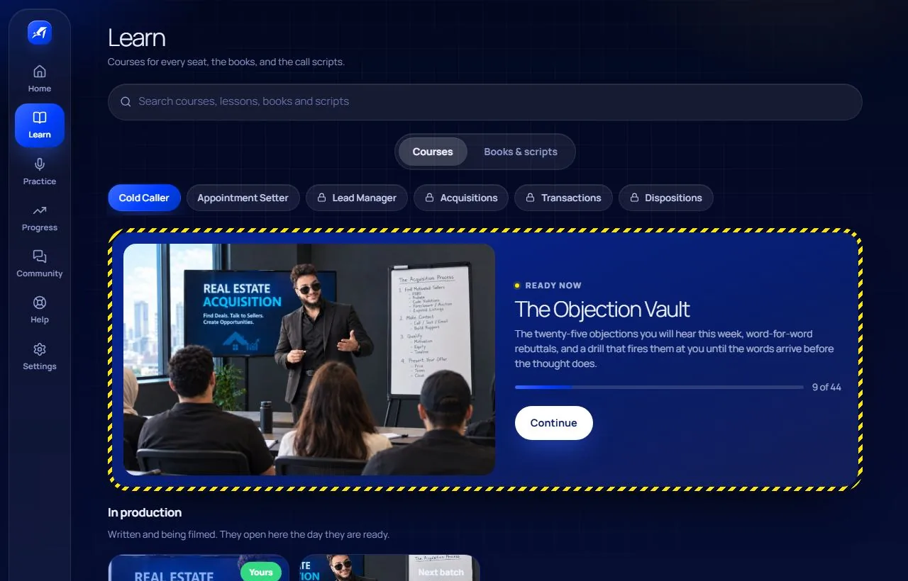 The Learn screen: courses for each seat, with the one to carry on first.