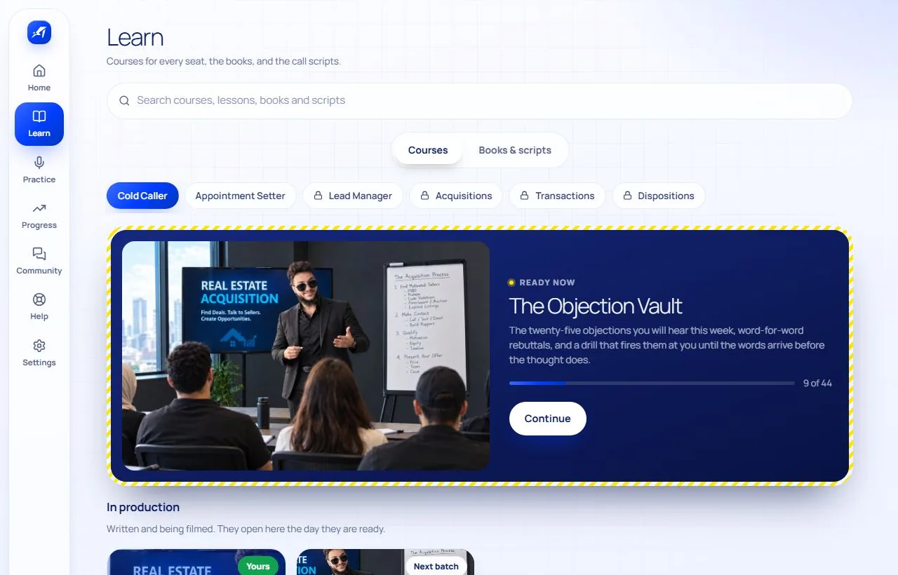 The Learn screen: courses for each seat, with the one to carry on first.