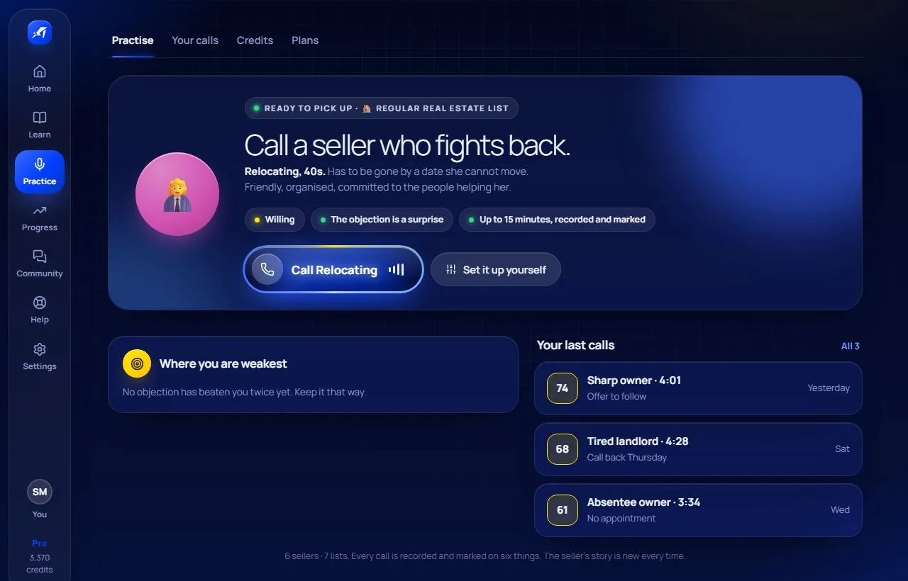 The Practice screen: the seller waiting and the call button.