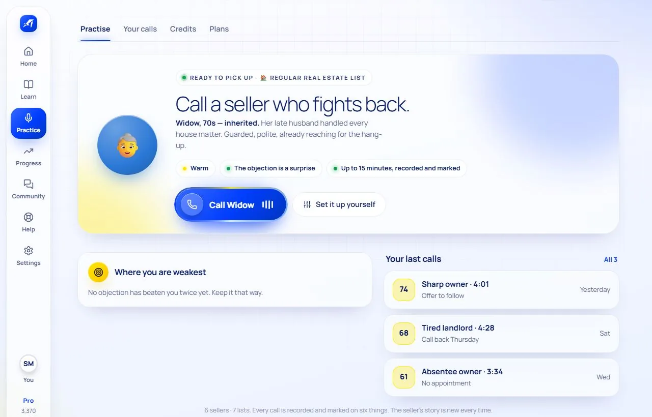 The Practice screen: the seller waiting and the call button.